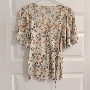 Lucky Brand Floral Wrap Top Cream Green Yellow Size S
